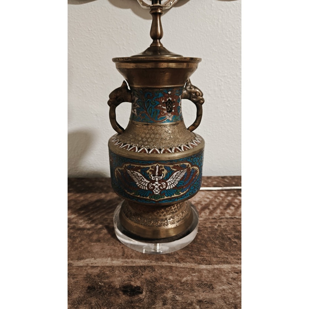 Vintage Japanese Champleve Bronze Enamel Cloisonne Table Lamp  Works!